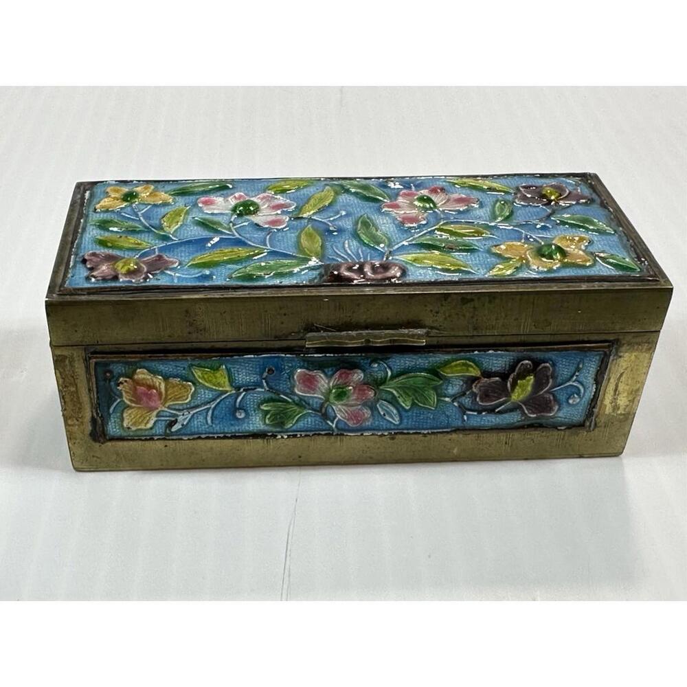 Vintage Antique Chinese Cloisonne Enamel Brass‎ Floral Mini Stamp Trinket Box